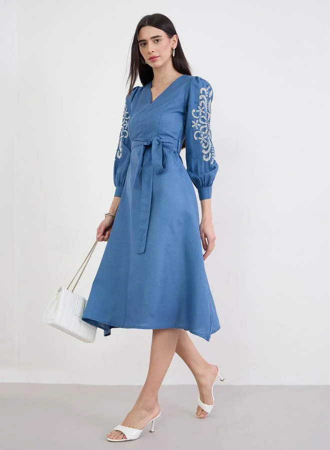 Styli Blue Embroidered Sleeves A-Line Midi Dress