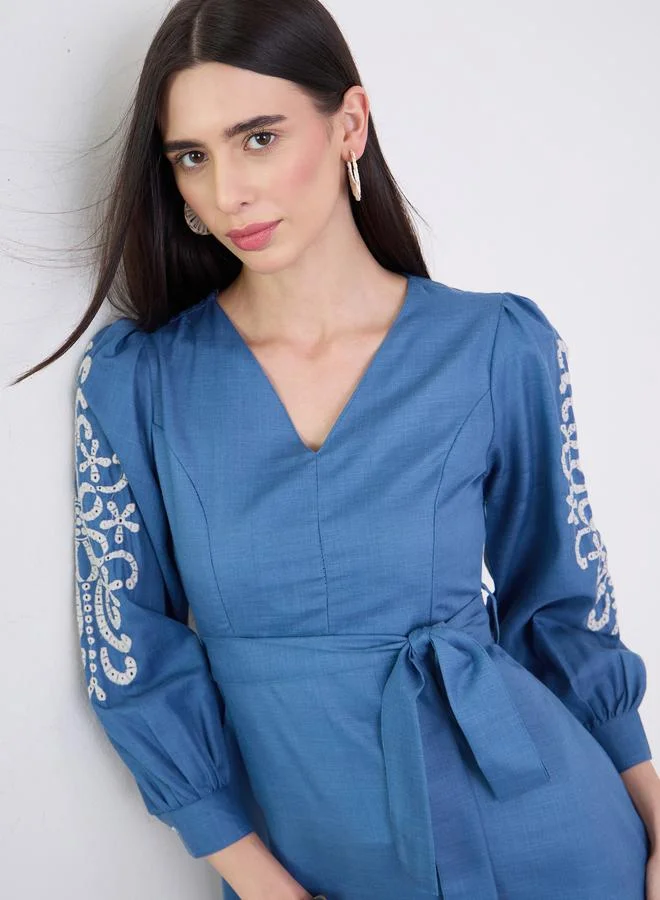 Styli Blue Embroidered Sleeves A-Line Midi Dress