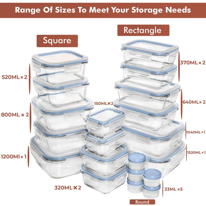 Razab 35 Pc Set Glass Food Storage Containers with Lids - Meal Prep Airtight Bento Boxes BPA-Free 100% Leak Proof (15 lids,15 glass & 5 Plastic Sauce/Dip Containers) - Image 2