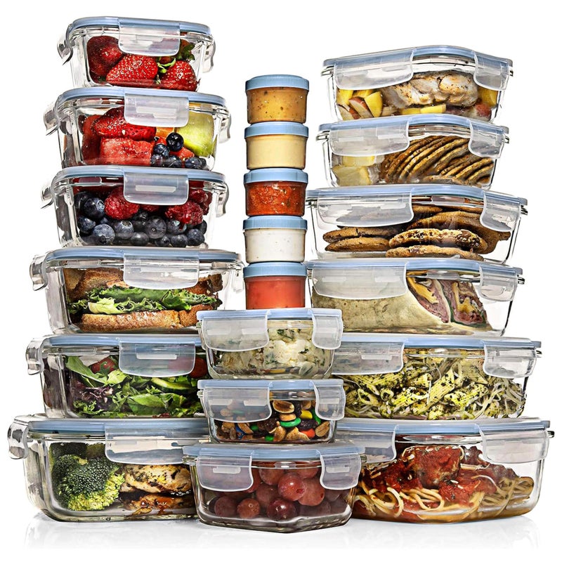 Razab 35 Pc Set Glass Food Storage Containers with Lids - Meal Prep Airtight Bento Boxes BPA-Free 100% Leak Proof (15 lids,15 glass & 5 Plastic Sauce/Dip Containers) - Image 1