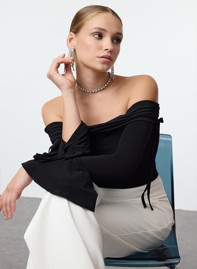 trendyol Black Carmen Collar Tie Detailed Spanish Sleeve Knitted Stylish Blouse - Image 3