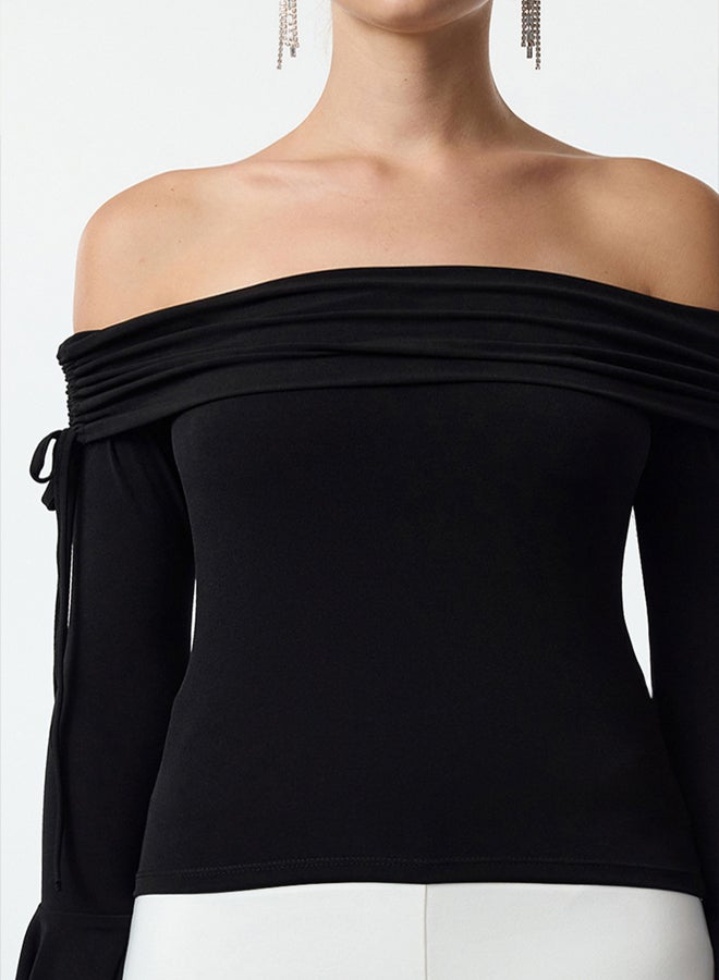 trendyol Black Carmen Collar Tie Detailed Spanish Sleeve Knitted Stylish Blouse - Image 5