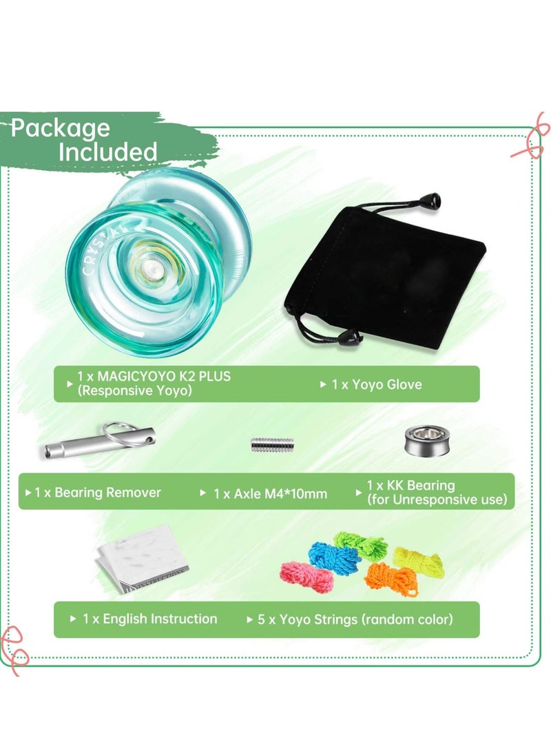 K2 Crystal Responsive Yoyo, Professional Dual Function Yoyo Replacement Unresponsive Bearing for Intermediate with Remover, Bag, 5 Strings (Green)