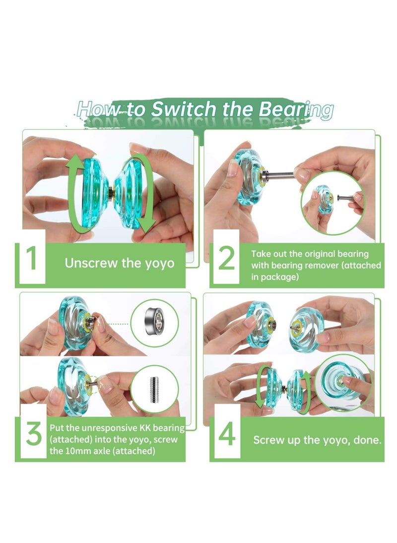 K2 Crystal Responsive Yoyo, Professional Dual Function Yoyo Replacement Unresponsive Bearing for Intermediate with Remover, Bag, 5 Strings (Green)