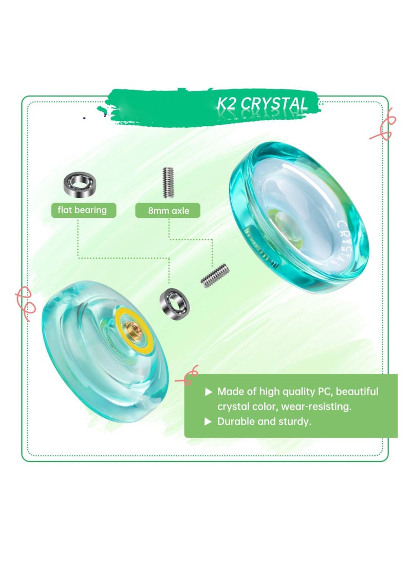 K2 Crystal Responsive Yoyo, Professional Dual Function Yoyo Replacement Unresponsive Bearing for Intermediate with Remover, Bag, 5 Strings (Green)