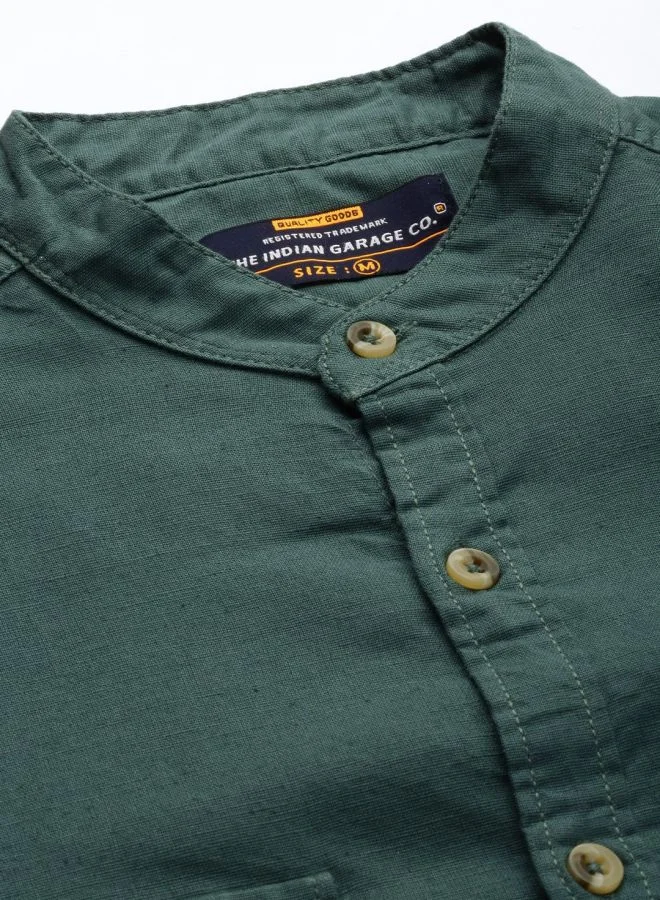 The Indian Garage Co Men Slim Fit Solid Full Sleeves Mandarin Collar Double Flap Pocket Casual Shirt