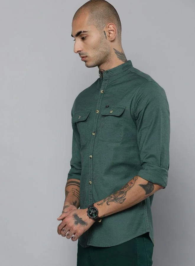 The Indian Garage Co Men Slim Fit Solid Full Sleeves Mandarin Collar Double Flap Pocket Casual Shirt