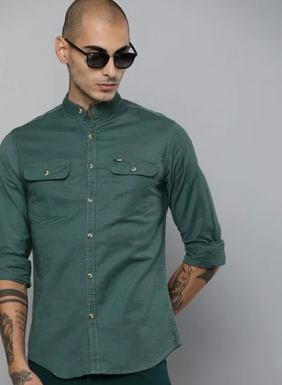 The Indian Garage Co Men Slim Fit Solid Full Sleeves Mandarin Collar Double Flap Pocket Casual Shirt