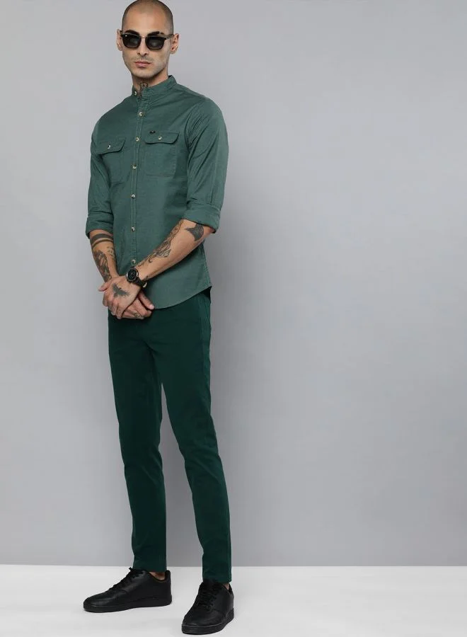 The Indian Garage Co Men Slim Fit Solid Full Sleeves Mandarin Collar Double Flap Pocket Casual Shirt
