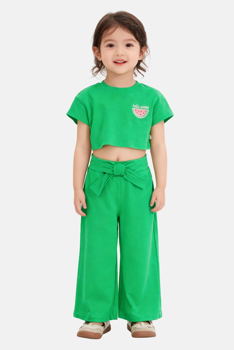 Bearpaw Toddlers Girl 2 Pcs Embroidered Crop Top And Pants Set, Green - Image 1