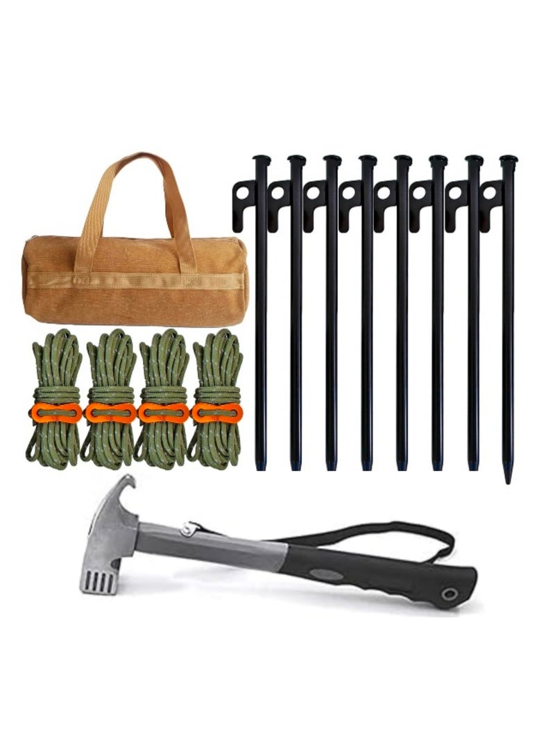 أوتاد خيام متينة ومطرقة مع حقيبة تخزين من القماش، أوتاد خيام معدنية متينة مقاس 8 بوصات ومرساة أرضية للتخييم والمشي لمسافات طويلة في الهواء الطلق - Image 1