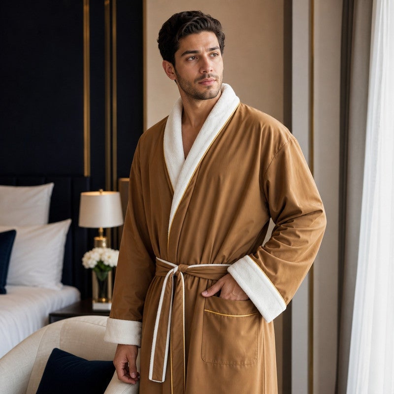TM HOME Royal VIP Unisex Bathrobe, Microfiber Inner and Natural Cotton Satin-Finish Outer, Highly Absorbent, Premium Hotel Quality, Havana - Image 4