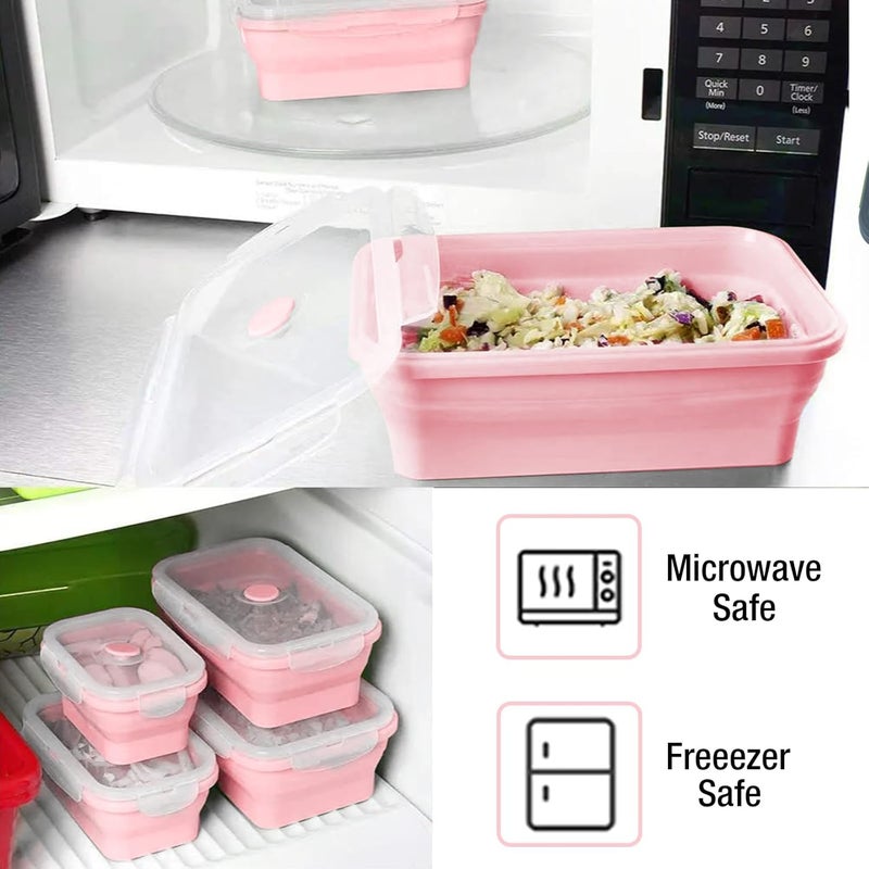 LUCCI Set of 4 Collapsible Foldable Silicone Food Storage Containers with BPA Free Leftover Food Box with Airtight Plastic Lid for Kitchen Bento Lunch BoxMicrowave Dishwasher Freezer PINK - Image 3