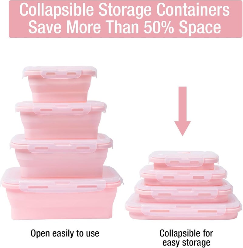 LUCCI Set of 4 Collapsible Foldable Silicone Food Storage Containers with BPA Free Leftover Food Box with Airtight Plastic Lid for Kitchen Bento Lunch BoxMicrowave Dishwasher Freezer PINK - Image 2
