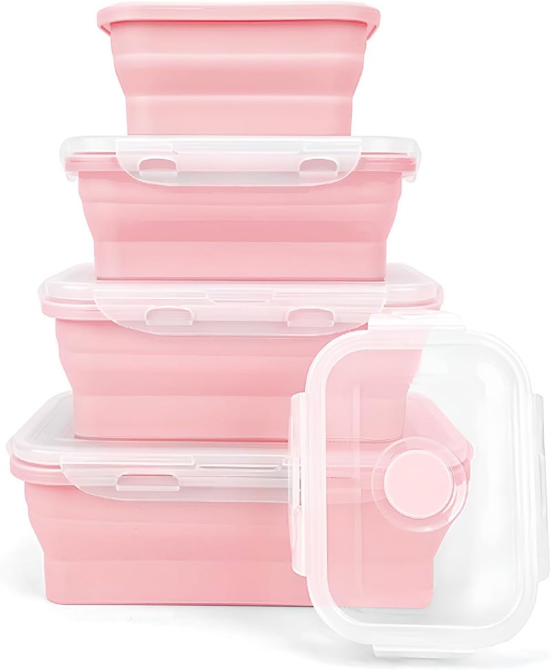 LUCCI Set of 4 Collapsible Foldable Silicone Food Storage Containers with BPA Free Leftover Food Box with Airtight Plastic Lid for Kitchen Bento Lunch BoxMicrowave Dishwasher Freezer PINK - Image 1