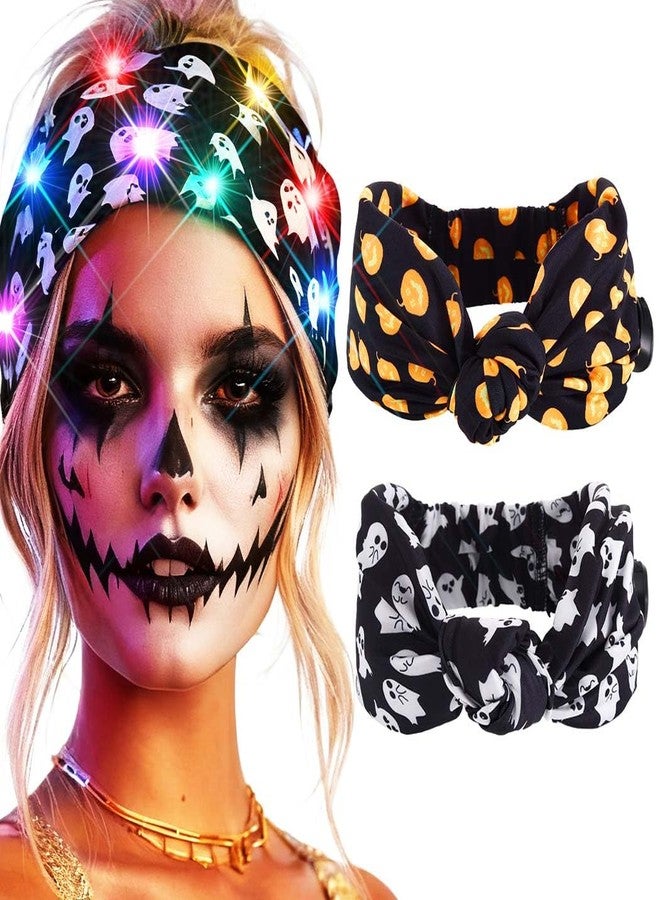 GORTIN Halloween Wide Headband Light up Pumpkin Stretchy Knot Head Wraps Ghost Cosplay Hair Band Hair Accessories for Women 2Pcs - Image 1