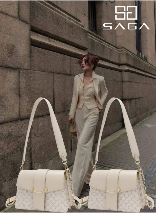 SAGA 2 Pieces Beige Monogram Shoulder Bag with Luxury Gold Clasp  - Image 1