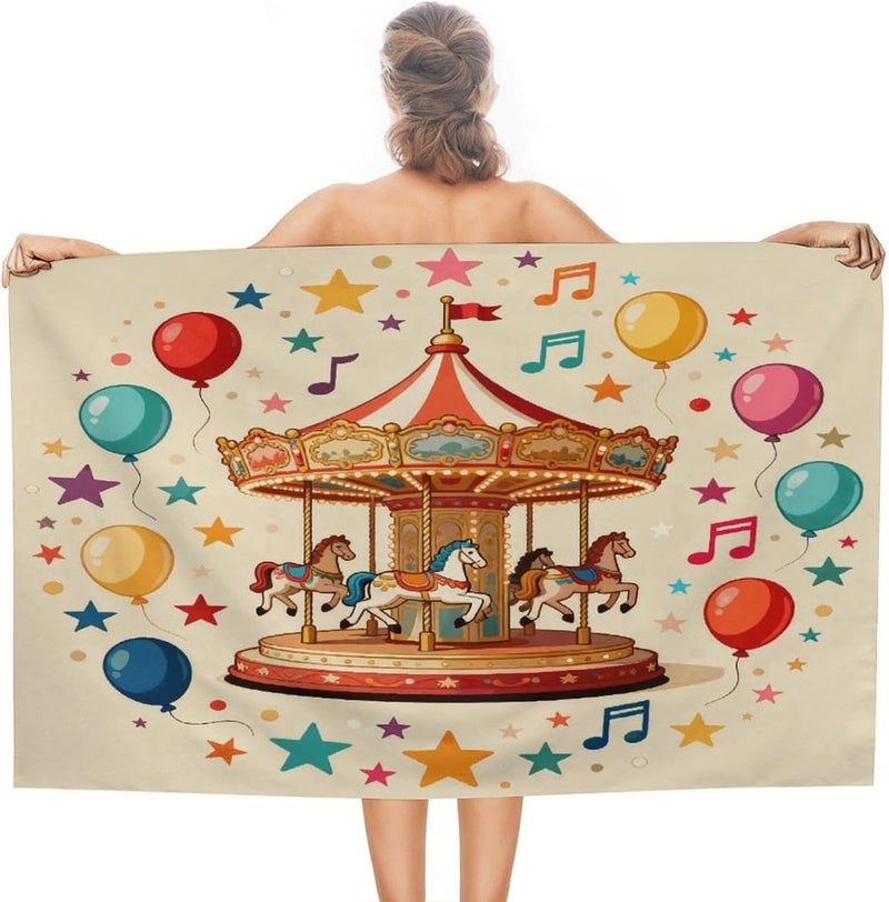 Beach Towel 31"x51" Lightweight, Super Absorbent Sandproof Towels Carousel & Balloons Double-Sided Plush Towel for Adults, Travel, Pool, Gym & Sports Sand-Free Quick-Dry Bath Towels - Image 1