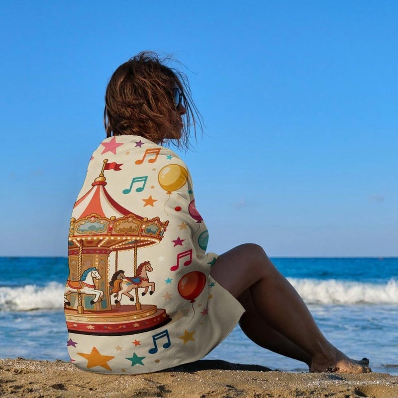 Beach Towel 31"x51" Lightweight, Super Absorbent Sandproof Towels Carousel & Balloons Double-Sided Plush Towel for Adults, Travel, Pool, Gym & Sports Sand-Free Quick-Dry Bath Towels - Image 4