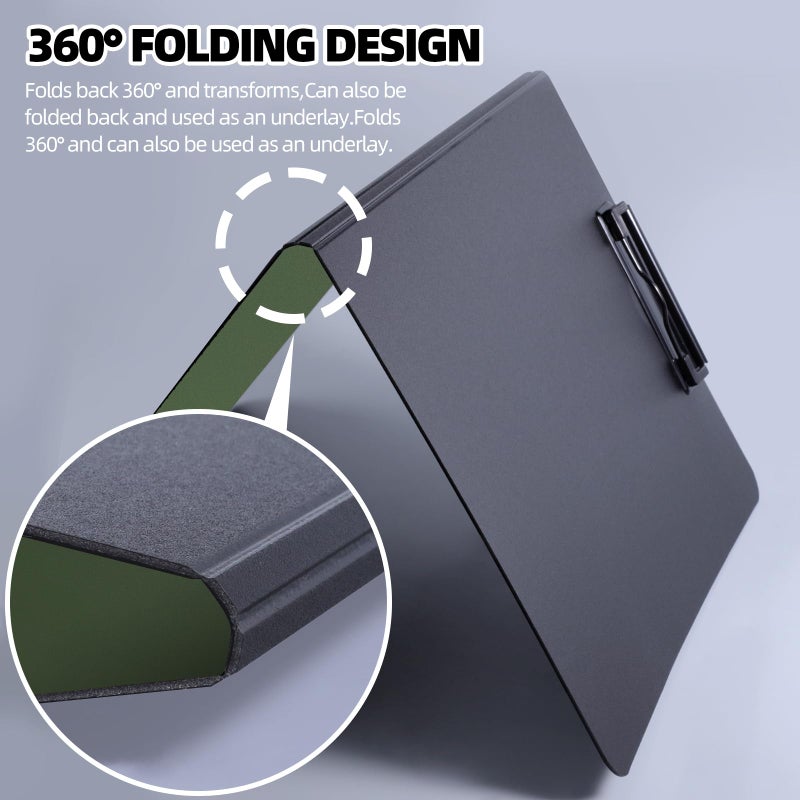 FRETONBA Clipboard Folder, A4 Foldable Clipboard with Horizontal and Vertical Double Metal Clips, 360 Degree Foldable Binder Clipboards with Pen Holder, File Cover Work Folder Clipboards, Green - Image 4