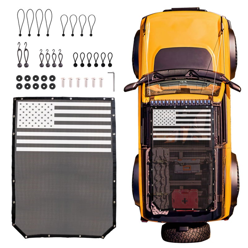 RERPRO Sunshade Compatible with 2021 2022 2023 2024 2025 New Ford Bronco 2 Door Sun Shade Bikini Top Roof Bimini Soft Mesh Net Exterior Accessories, Blocks UV Wind Noise, Black with America Flag - Image 1