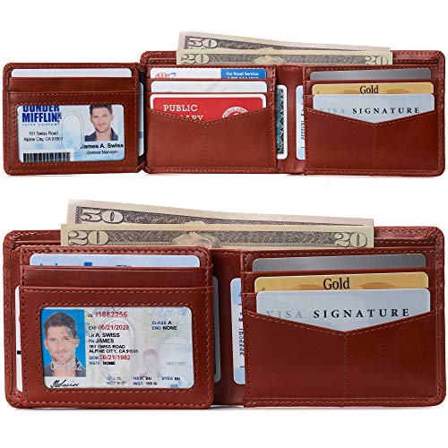 Alpine Swiss Mens Wallet for Men | RFID Protected Leather Mens Wallet | Spencer Bifold with Divided Bill Section | Gift Box | 2 ID Windows | 14 Card Storage Pockets for Organization Glossy Nappa Tan - Image 2