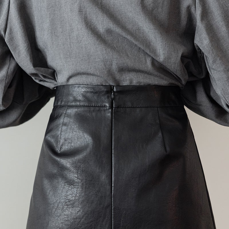 Small Leather Skirt Women'S High Waist A- Line Small Brown Pu Short Skirt Design Sense Super Fire Split Skirt - Image 5