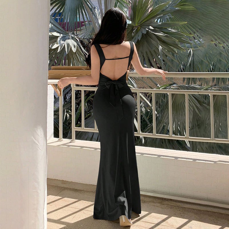 2026 Summer High Waist Bodycon Long Dress Solid Knit Sleeveless V-Neck - Image 2
