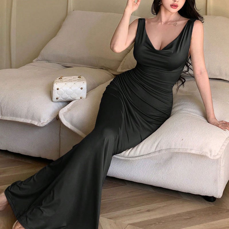 2026 Summer High Waist Bodycon Long Dress Solid Knit Sleeveless V-Neck - Image 3