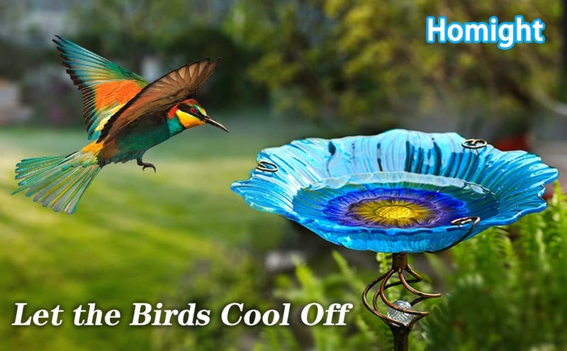 Homight Solar Glass Blue Bird Bath, Yard Art，Garden Outdoor Birdbath with Metal Stake with White LED Light Metal Stake Garden Decor Gifts - Image 5
