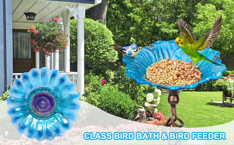Homight Solar Glass Blue Bird Bath, Yard Art，Garden Outdoor Birdbath with Metal Stake with White LED Light Metal Stake Garden Decor Gifts - Image 4