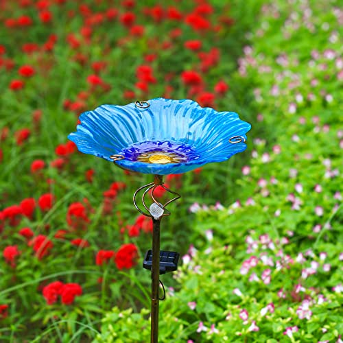 Homight Solar Glass Blue Bird Bath, Yard Art，Garden Outdoor Birdbath with Metal Stake with White LED Light Metal Stake Garden Decor Gifts - Image 1