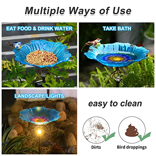 Homight Solar Glass Blue Bird Bath, Yard Art，Garden Outdoor Birdbath with Metal Stake with White LED Light Metal Stake Garden Decor Gifts - Image 3