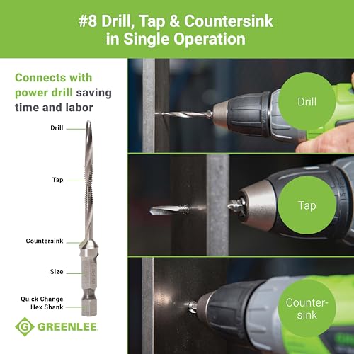 Greenlee DTAP8-32 Combination Drill/Tap Countersink Drill Bit for up to 10-Gauge Metal, Combination Drill, Tap, and Deburr Bit with Quick Change Hex, 8-32 NC - Image 4