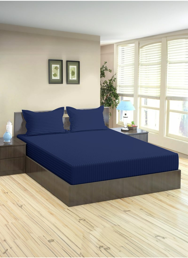 American Linen Queen Striped Fitted Sheet with 2 Pillow Case 180 x 200 Cm Navy Blue  - Image 1