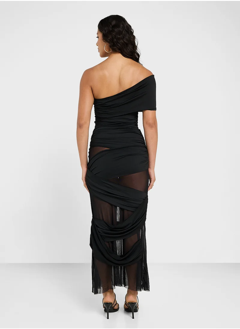 Ginger Drop Shoulder Mesh Cutout Detail Bodycon Dress