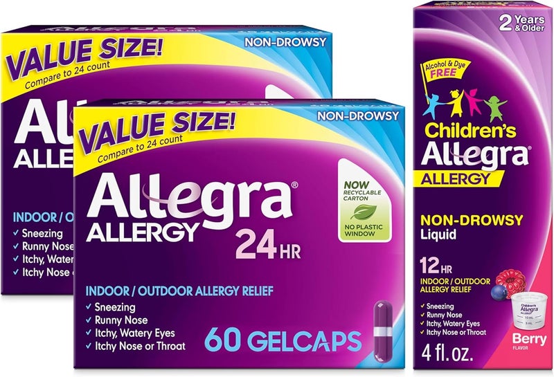 Allegra حزمة عائلة أليغرا لتخفيف الحساسية غير مسبب للنعاس دواء الحساسية الداخلية والخارجية مع فيكسوفينادين HCI كبسولات جل للبالغين 24 ساعة 60 حبة 2 عبوة سائل للأطفال 12 ساعة بنكهة التوت 4 أونصات - Image 1