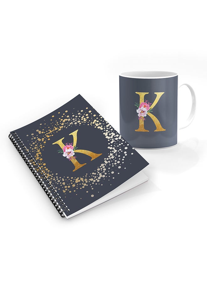 Stylizedd Printed Coffee Mug + A5 Spiral Notebook Memo Personalised Combo Gift Set Custom Monogram Initial Letter Floral Pattern Alphabet - K  (Grey )