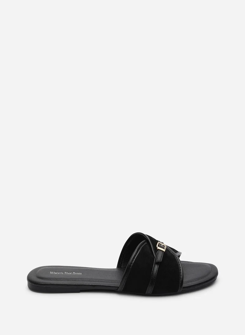 Where's That From Cevora Cross Over Buckle Black Suede Slide On Sandal