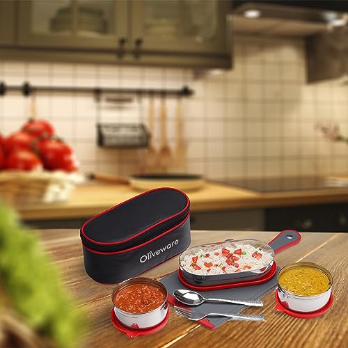 SOPL-OLIVEWARE Sophia Lunch Box, Spoon & Fork, 100% Leak Proof, 3 Stainless Steel Container with BPA Free Lids (550ml, 350ml & 350ml), Fabric Bag - Red - Image 5