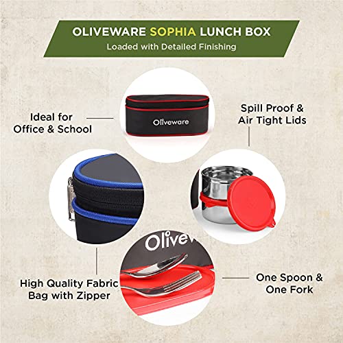 SOPL-OLIVEWARE Sophia Lunch Box, Spoon & Fork, 100% Leak Proof, 3 Stainless Steel Container with BPA Free Lids (550ml, 350ml & 350ml), Fabric Bag - Red - Image 3