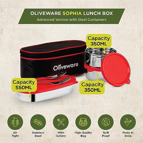 SOPL-OLIVEWARE Sophia Lunch Box, Spoon & Fork, 100% Leak Proof, 3 Stainless Steel Container with BPA Free Lids (550ml, 350ml & 350ml), Fabric Bag - Red - Image 2