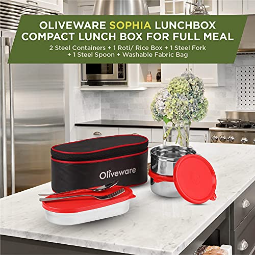 SOPL-OLIVEWARE Sophia Lunch Box, Spoon & Fork, 100% Leak Proof, 3 Stainless Steel Container with BPA Free Lids (550ml, 350ml & 350ml), Fabric Bag - Red - Image 4