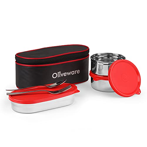 SOPL-OLIVEWARE Sophia Lunch Box, Spoon & Fork, 100% Leak Proof, 3 Stainless Steel Container with BPA Free Lids (550ml, 350ml & 350ml), Fabric Bag - Red - Image 1