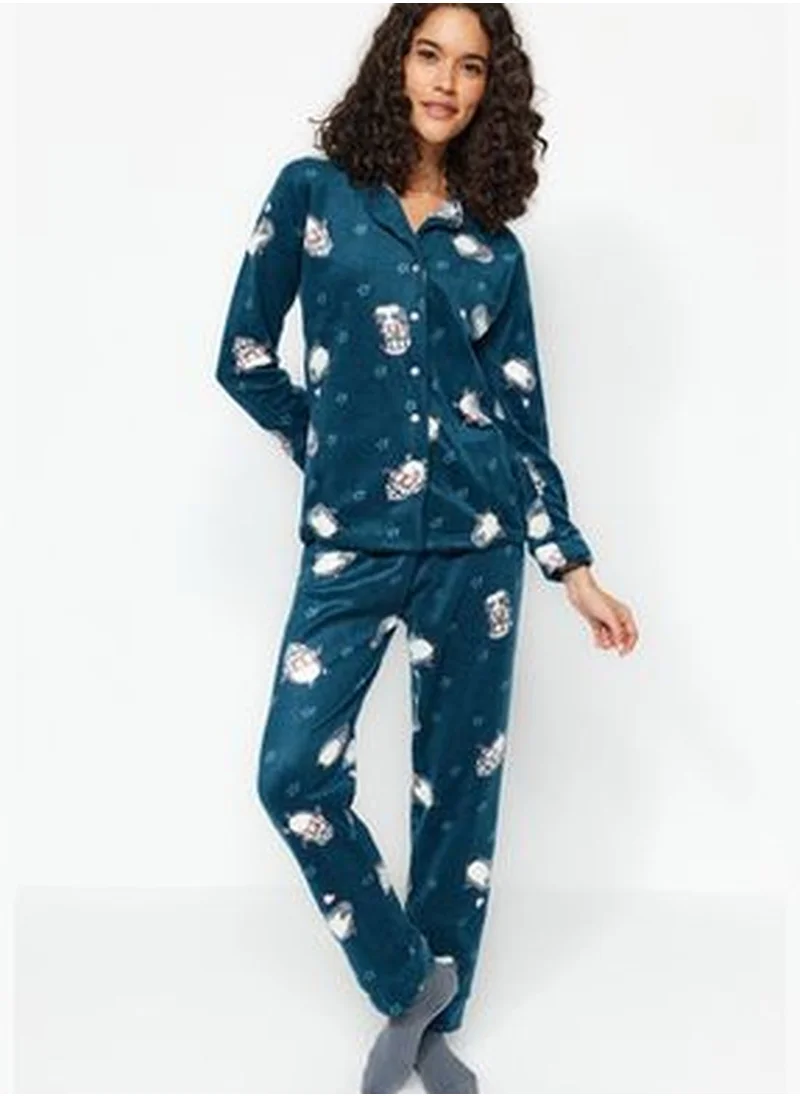trendyol Petrol Penguin Patterned Shirt-Pants Knitted Pajamas Set THMAW22PT0356