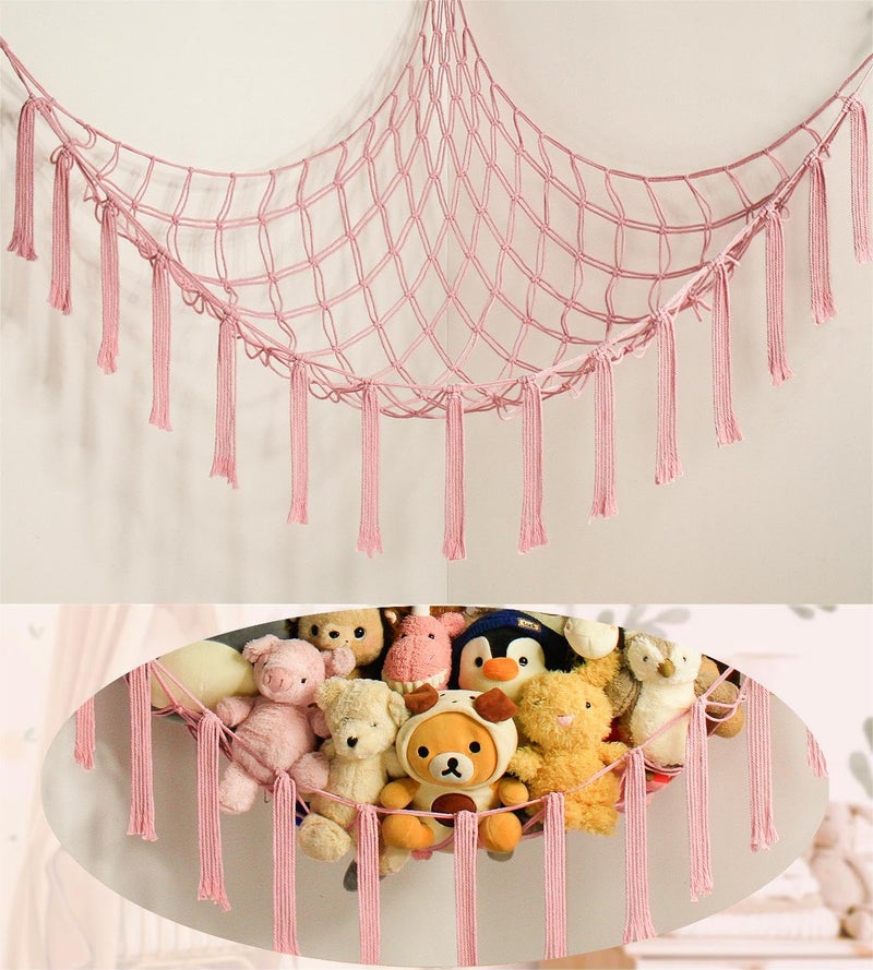 mirolam Stuffed Animal Storage Hammock Net Toy Hammock Net for Stuffed Animals Corner Hanging Stuff Animal Organizer Holder Large Pink Baby Nursery Room Decor
