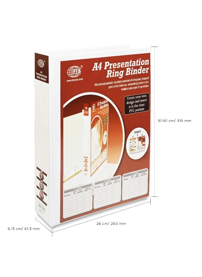 FIS Presentation Binder, A4 Size(210x297mm), 4[D]Ring Type, 40mm Ring Size, 2.25" Inches Spine with Clear PVC Pocket For Easy Insert Your Label Design, Packet of 2 Pieces, White Color-FSBD440DPB/2  - Image 4