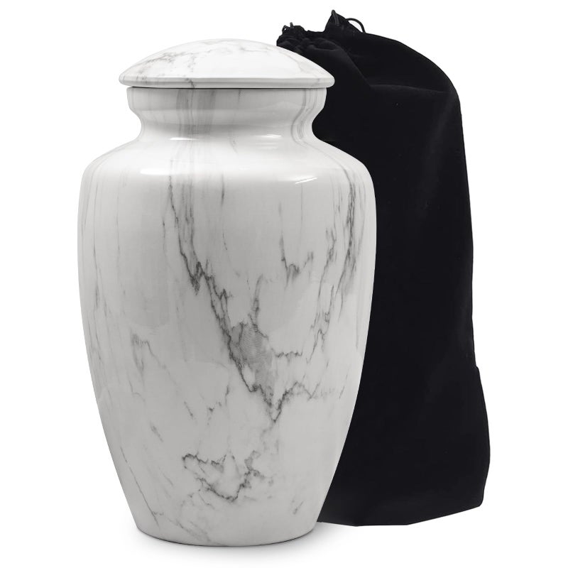 LINES ARTE White Marble Finish Urn for Ashes Adult Male Female,Large Cremation Urn for Human Ashes Men and Women,Memorial Urn for Dad/Father/Grandpa/Brother(Includes Velvet Bag) - Image 1