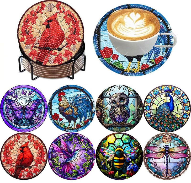 ijbnhd 8 Pack Diamond Art Coasters Kits, Animals Diamond Painting Coasters Kit, Animals Diamonds Art Non Slip Coaster Crafts Kits for Adults Gifts 4x4 inch (Cork Wooden Pad) - Image 1