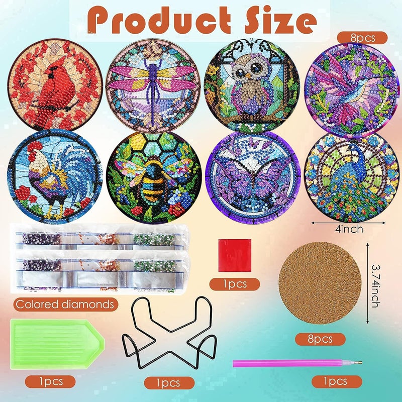 ijbnhd 8 Pack Diamond Art Coasters Kits, Animals Diamond Painting Coasters Kit, Animals Diamonds Art Non Slip Coaster Crafts Kits for Adults Gifts 4x4 inch (Cork Wooden Pad) - Image 3
